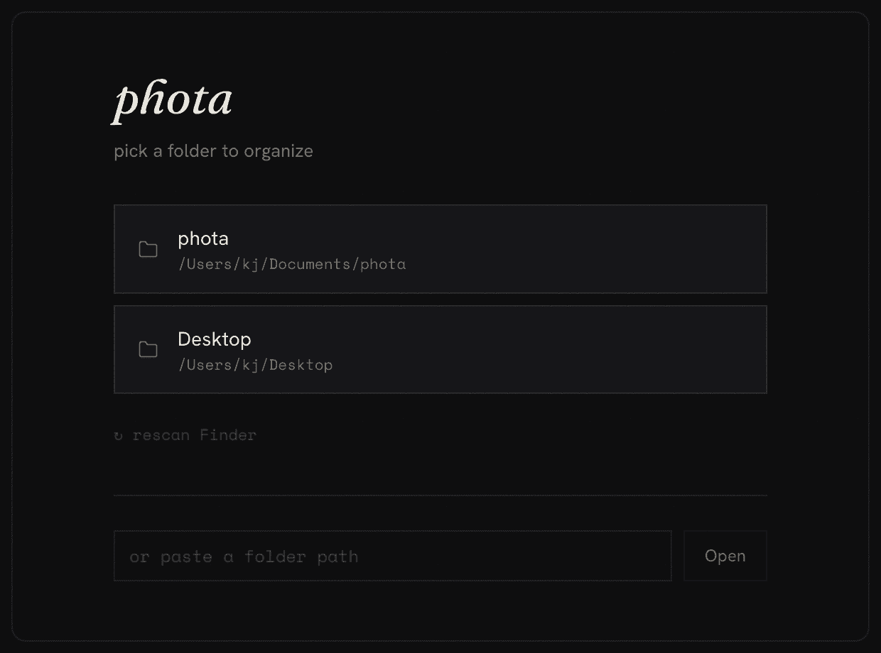 The phota picker window listing the folders currently open in Finder